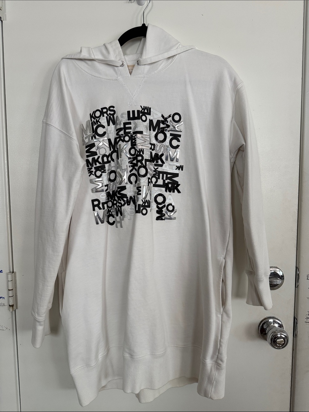 Michael Kors White Hoodie Dress with Black & Silver Logo Cluster